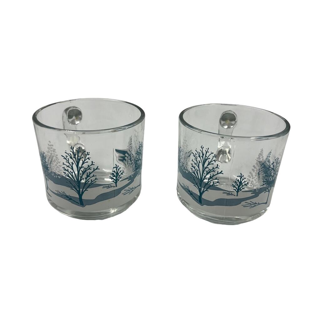 Vintage Anchor Hocking Clear Glass Coffee Tea Mugs Set 2 Christmas Winter 1970's - Picture 3 of 10